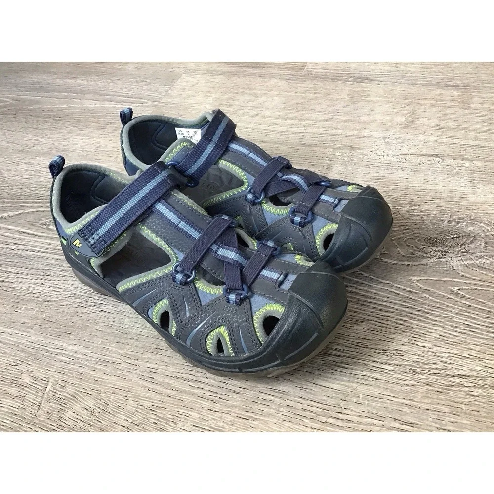 Merrell Youth Boys Hydro Sandals size 5 Navy Green waterproof slip On MY53375